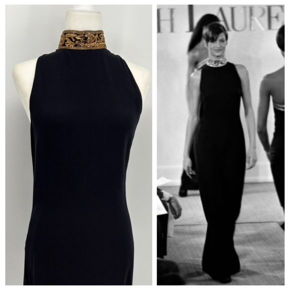 Vintage Ralph Lauren Purple Label Silk Beaded Gown Maxi Dress 90s Runway Gold 4 - Picture 1 of 12
